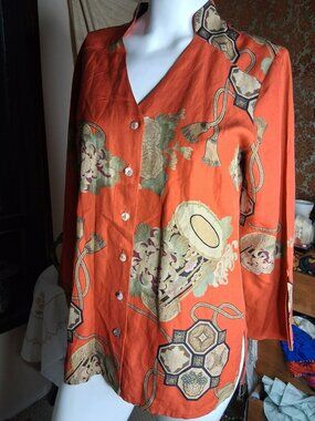 Citron Santa Monica Silk Linen Blouse Shirt Asian Print Size S